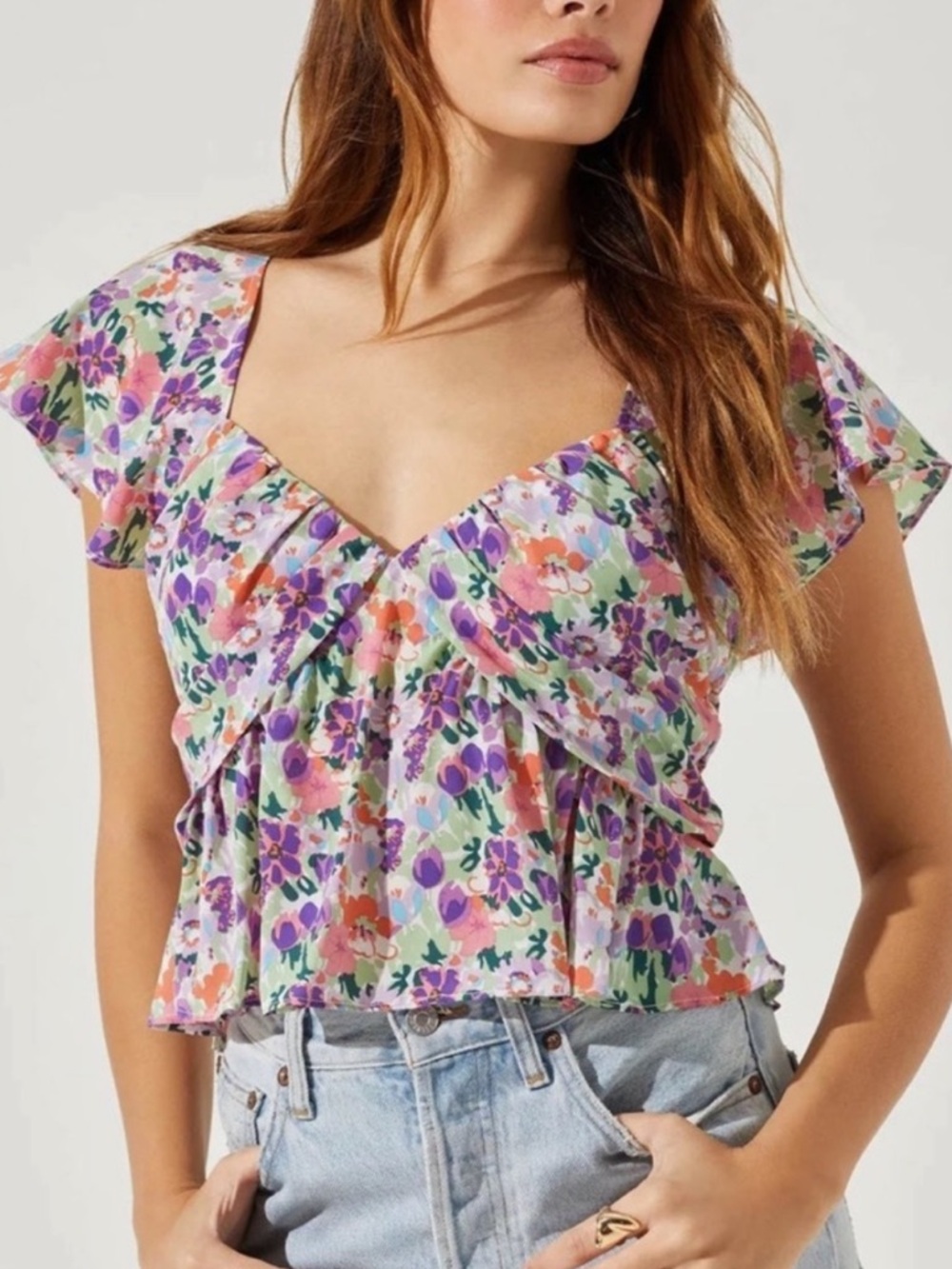 NEW Nordstrom ASTR The Label Cropped Floral Fluttery Ruffle Colorful Blouse